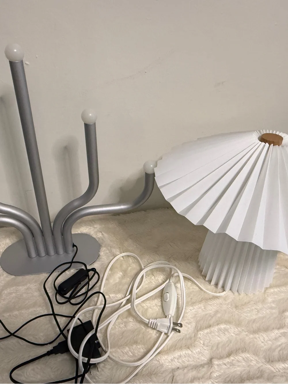 IKEA Gray Multi-Arm LED Table Lamp and White Pleated Table Lamp